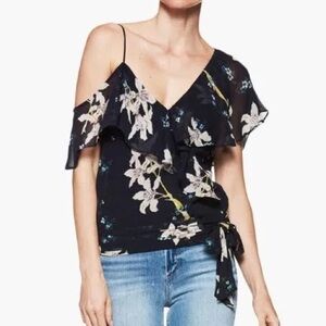 Paige Chereen Silk Ruffle Cold Shoulder Flutter Sleeve Wrap Floral Top Blue S